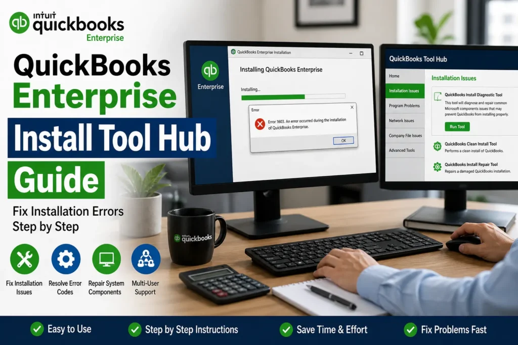 QuickBooks Enterprise installation error being fixed using QuickBooks Tool Hub on desktop computer