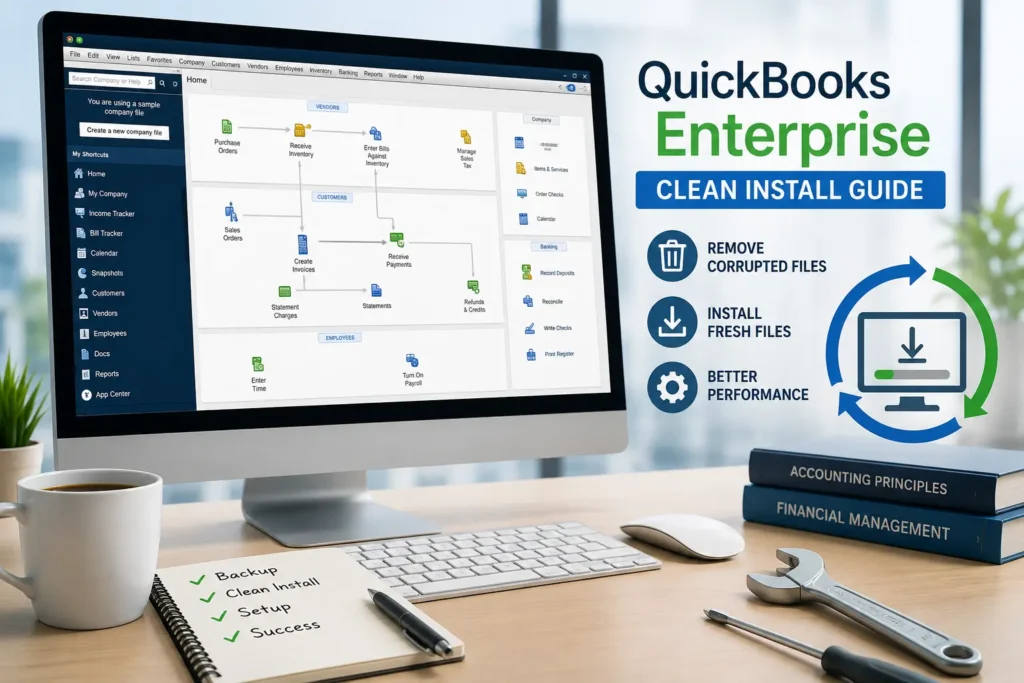 A clean modern office desk setup for QuickBooks clean install tutorial workspace
